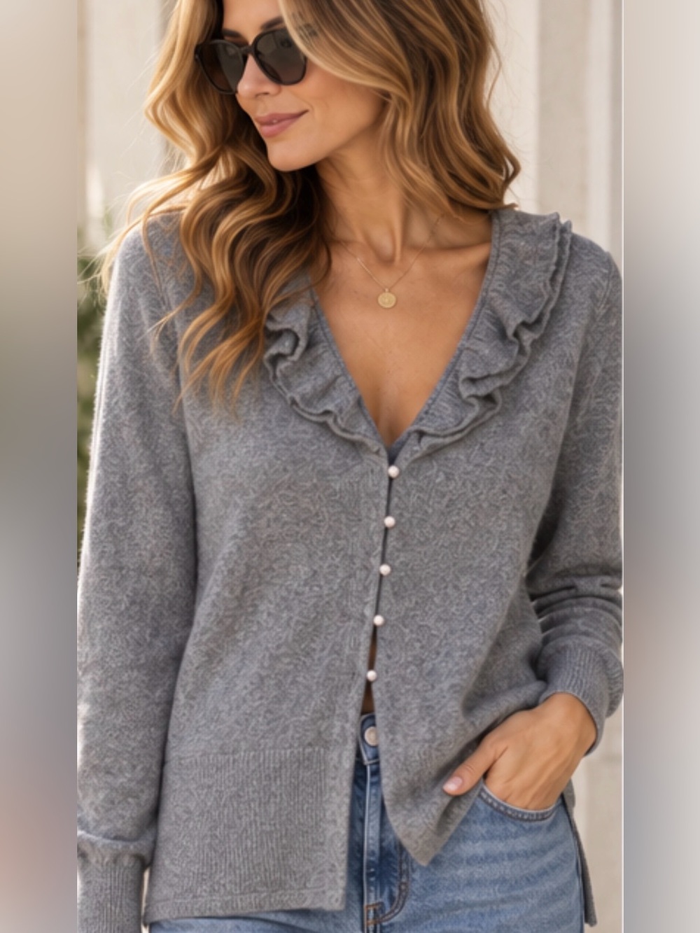 A. Giannetti 100% 2-Ply Cashmere Gray Ruffle Cardigan Sweater Women’s L
